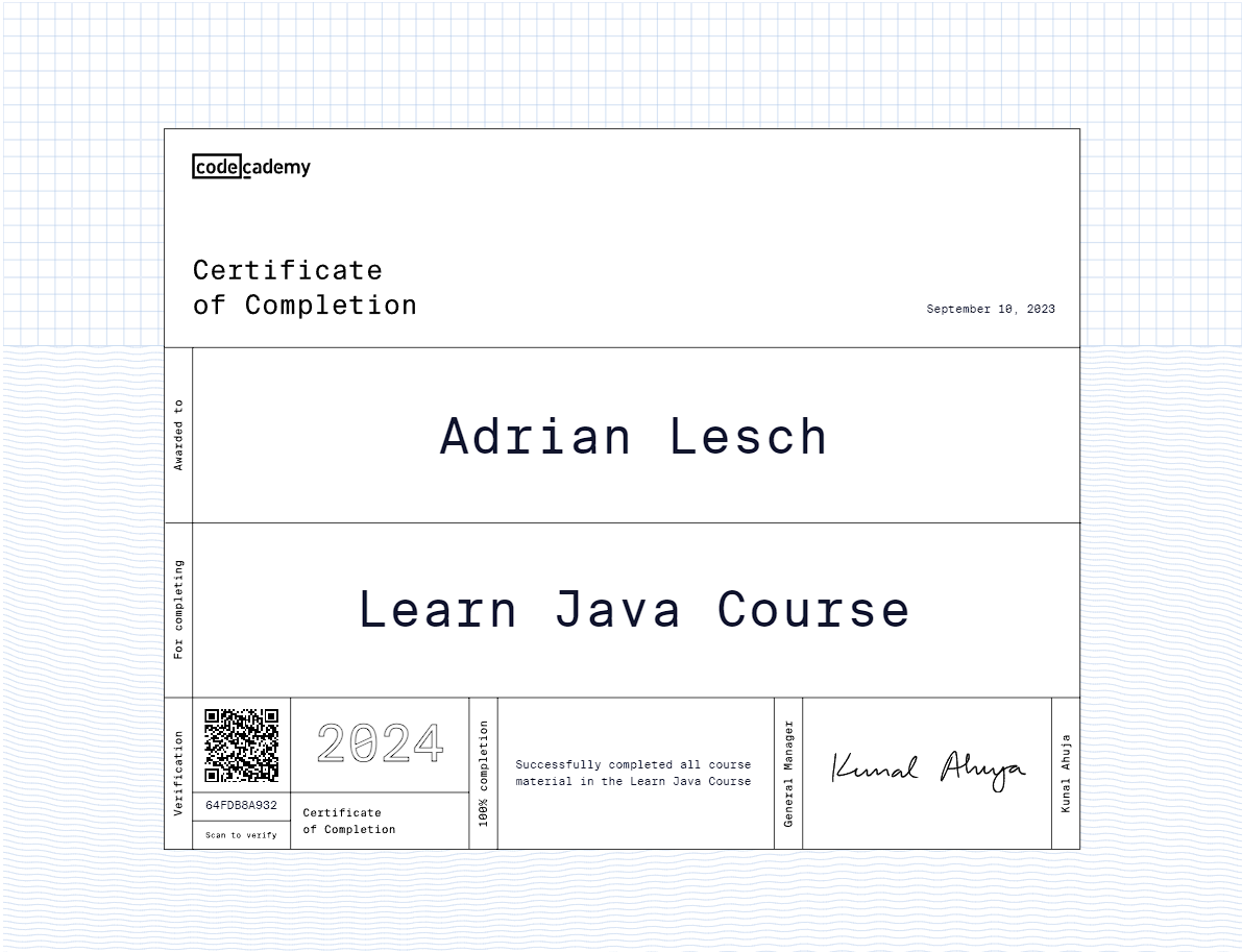 A certificate of completion for a Java Course passed by Adrian Lesch
