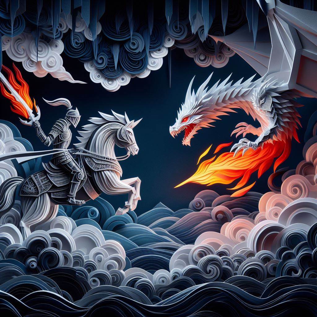 A picture of a paperknight fighting a dragon.